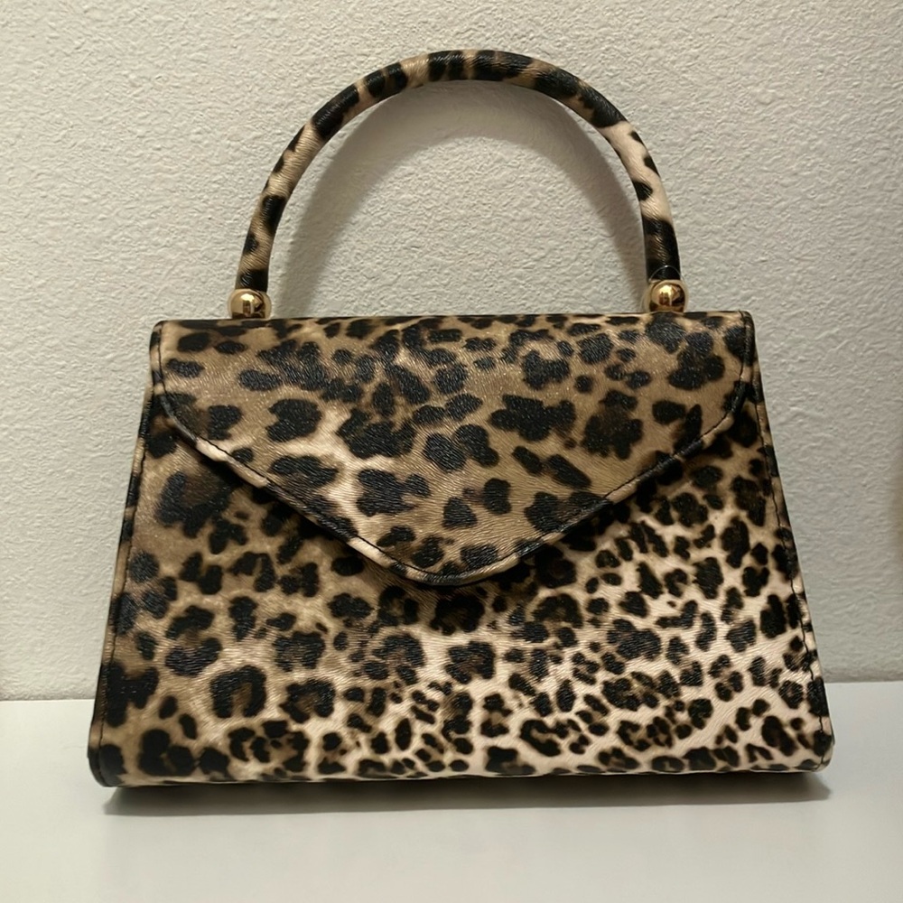 Elegant Brown and Black Satchel with Leopard Print